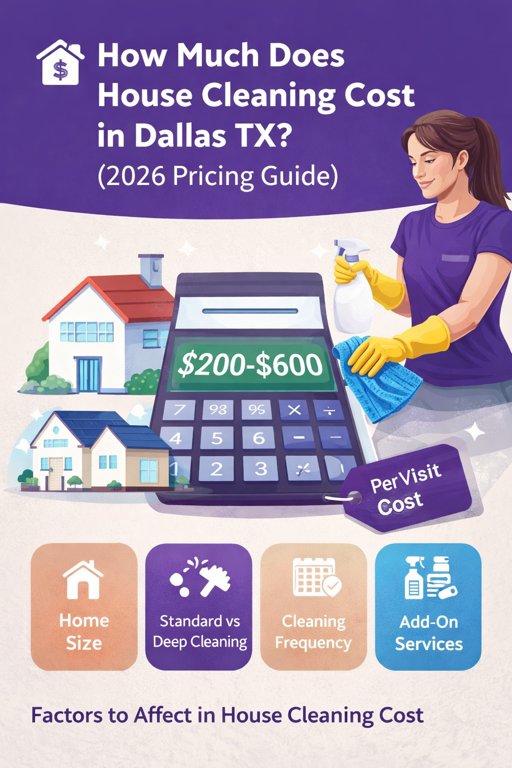 House cleaning cost calculator Dallas TX with pricing range graphic
